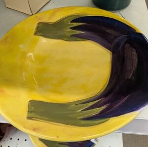 Pottery Barn Sausalito Eggplant Yellow Wide Rim Soup/Pasta Bowls 10.25"  x4